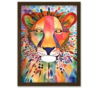 Lion With Multicoloured Pattern Mane Folk Art Watercolour Painting Artwork Framed Wall Art Print A4 Artery8 Brown One Size