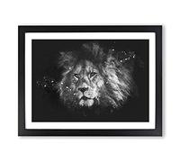 Lion With Piercing Eyes Paint Splash Modern Art Framed Wall Art Print, Ready to Hang Picture for Living Room Bedroom Home Office Décor, Black A4 (34 x 25 cm)