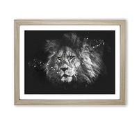 Lion With Piercing Eyes Paint Splash Modern Art Framed Wall Art Print, Ready to Hang Picture for Living Room Bedroom Home Office Décor, Oak A4 (34 x 25 cm)