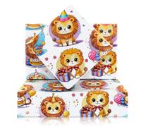 Lion Wrapping Paper, Cute Lion King Simba With Birthday Hat and Balloon Wrapping Paper, 4 Sheets Folded Flat 50x70cm Gift Wrap Paper for Birthday Wedding Safari Jungle Party