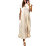Lioncool Women Pleated Simple Solid Color Dress, Pleated Maxi Dress Summer Casual (Beige,L)
