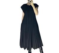 Lioncool Women Pleated Simple Solid Color Dress, Pleated Maxi Dress Summer Casual (Black,S)