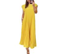 Lioncool Women Pleated Simple Solid Color Dress, Pleated Maxi Dress Summer Casual (Yellow,M)