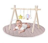 lionelo Anis Set Baby Play Mat and Wooden Activity Gym | 100 cm Cotton Mat, 2 cm Thick Non-Slip Base, Foldable Pine Wood Arch and 4 Removable Toys