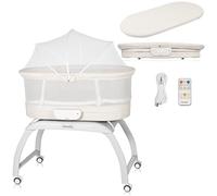 LIONELO Co-Sleeper Crib & Rocker Coral 3-in-1 with Built-in Scale, Electric Swing with 5 Speeds, 12 Soothing Melodies, Mattress, Remote Control, Timer, Mosquito Net & Wheels - from Birth