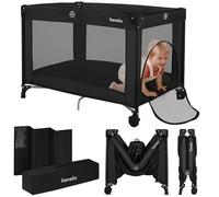 LIONELO Compact Travel Cot Amelie 100 x 70 x 65 cm 2-in-1 Crib & Playpen from Birth to 36 Months Lightweight Foldable Baby Cot with Mattress Side Zipper Entry Mesh Sides & Bag Wheels (Amelie, Black)
