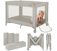 LIONELO Compact Travel Cot Amelie 100 x 70 x 65 cm 2-in-1 Crib & Playpen from Birth to 36 Months Lightweight Foldable Baby Cot with Mattress Side Zipper Entry Mesh Sides & Bag Wheels (Amelie, Beige)