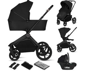 Lionelo Freya 3 in 1 Baby Stroller Pram Travel System 0-4 Years Set: Foldable Carrycot + Pushchair + Car Seat I-Size 40-87 cm Suspension, PU Wheels, Reclining, UPF50+ Canopy Accessories (Black Onyx)
