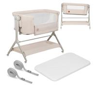 lionelo Leonie Plus 3-in-1 Bedside Cot and Rocking Bassinet | Adjustable Height, Drop-Down Side, Fixed Rocking System, Mattress, Breathable Mesh, Lockable Wheels and Storage Basket