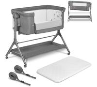lionelo Leonie Plus 3-in-1 Bedside Cot, Co-Sleeper & Rocking Crib with Mattress - Adjustable Height, Drop-Down Side, Fixed-Level Rocking System, Mesh Sides, Lockable Wheels & Large Storage Basket