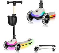 LIONELO Balance Scooter MEY for Children Aged 3+, up to 50 kg, Three-Wheel Kids’ Scooter with Adjustable Height, Non-Slip Light-Up Deck and LED Wheels, Basket Included (MAY, Beige)