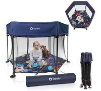 LIONELO Playpen & Travel Cot Roel Large Hexagonal Playard 134 × 118 × 83 cm with Mattress, Mesh Transparent Walls, Padded Frame, Portable, Foldable LockGuard Safety, for Toddlers 6 36 Months