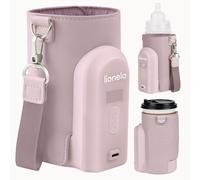 Lionelo Thermup Go Evo Advanced Portable Bottle Warmer with USB-C 9hr Battery LCD Display 5 Temperature Settings 38-50°C Fits 50-80mm Bottles, Car Charger Compatible, Safety Control (Pink Mist, EVO)