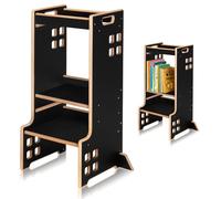 LIONELO Toddler Step Stool 2in1 Tower for Toddlers & Montessori Bookshelf for kids up to 30kg with 3 Heights, Safety Bar, Adjustable Wooden Kitchen helper Standing Tower for Kitchen Counter
