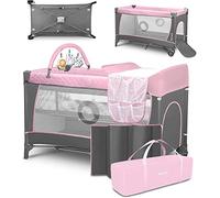 lionelo Travel Cot and Baby zone FLOWER 2-in1-with Changing Table for Newborns and Toddlers 0-36 kg, 2-level Mattress height, Mesh transparent Walls, Side Entry, Toy Bar, LockGuard Safety, Quick-Fold