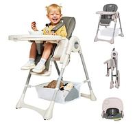 LIONELO Zanna Portable Folding High Chair with Wheels, Spacious Double Tray, Adjustable Tray and Footrest, 5-Point Safety Belts, 6-36 Months Up to 15kg, Child Grey