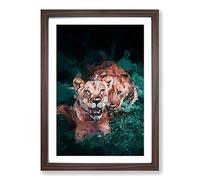 Lioness Duo in Abstract Framed Print | A2 Walnut Framed Wall Art | Ready to Hang | Abstract Fantasy Picture | Living Room Bedroom Lounge Office