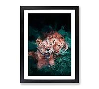 Lioness Duo In Abstract Modern Framed Print | A3 Black Framed Wall Art | Ready to Hang | Abstract Fantasy Picture | Living Room Bedroom Lounge Office
