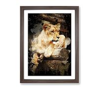 Lioness Lion Modern Cb Framed Print | A2 Walnut Framed Wall Art | Ready to Hang | Modern Animal Picture | Living Room Bedroom Lounge Office