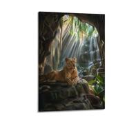 Lioness Resting On Mossy Rock Inside Jungle Cave With Sunlight Waterfall Canvas Wall Art Poster, Realistic Tropical Wildlife Landscape Painting, Rustic Art For Cabin Lodge Safari Themed Livi 24x36inc