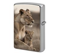 Lioness with Cub Lighter Case Metal Protective Cover with Double-Sided Art Design, Cool Lighters Pouch Shockproof Lighter Cover for Men Women Gifts, Lighters Not Included