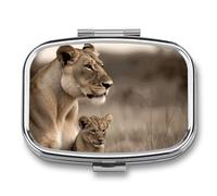 Lioness with Cub Pill Box 2 Compartment - Small Metal Medicine Organizer Portable Pill Case for Purse Pocket Travel Vitamin Organizer for Men Women, BPA-Free