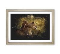 Lioness with Lion Cub Paint Splash Framed Print | A2 Oak Framed Wall Art | Ready to Hang | Modern Animal Picture | Living Room Bedroom Lounge Office