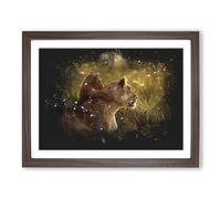 Lioness With Lion Cub Paint Splash Modern Art Framed Print | A2 Walnut Framed Wall Art | Ready to Hang | Modern Animal Picture | Living Room Bedroom Lounge Office