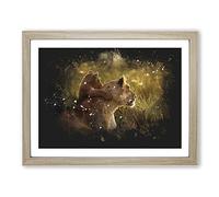 Lioness With Lion Cub Paint Splash Modern Art Framed Print | A4 Oak Framed Wall Art | Ready to Hang | Modern Animal Picture | Living Room Bedroom Lounge Office