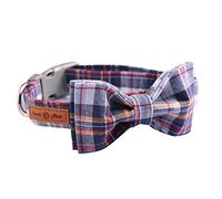 Lionet Paws Cat and Dog Collar with Bowtie,DarkBlue Plaid Cotton Collar with Plastic Buckle,Adjustable Collars for Medium Dogs,Neck 12-22in
