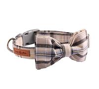 Lionet Paws Cat and Dog Collar with Bowtie,Grey Plaid Cotton Collar with Plastic Buckle,Adjustable Collars for Medium Dogs,Neck 12-22in