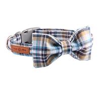 Lionet Paws Cat and Dog Collar with Bowtie,LightBlue Plaid Cotton Collar with Plastic Buckle,Adjustable Collars for Small Dogs and Cats,Neck 10-16in
