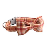 Lionet Paws Cat and Dog Collar with Bowtie,Orange Plaid Cotton Collar with Plastic Buckle,Adjustable Collars for Small Dogs and Cats,Neck 10-16in