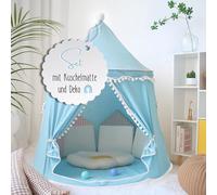 LIONHERZ® The Original Play Tent for Children, Breathable Cotton and Hemp | Prince Castle with Fibreglass Poles, Bag, Mat and Decoration | Sturdy Teepee Boys Indoor (Sky Blue, with Accessories)