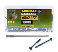 LIONMAX Pocket Hole Screws 2-1/2 Inch, 100 PCS Exterior Pocket Screw #8 x 2-1/2", Coarse Thread, Square Drive, Blue Coated Weather Resistant Pocket Hole Screws, 150MM Drive Bit Included