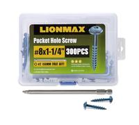 LIONMAX Pocket Hole Screws, 300PCS #8 x 1-1/4" Wood Screws with Square Drive, Blue Coated Exterior Screws for Outdoor Use, Weather Resistant, Coarse Thread, Self Tapping, 150MM Drive Bit Included