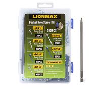 LIONMAX Pocket Hole Screws Assortment Kit 290PCS, 6 Size Pocket Hole Screws Kit, Coarse Thread, Washer Head, Self Tapping for Soft Wood, 150MM Square Drive Bit Included