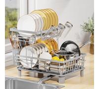 LIONONLY 2 Tier Dish Drainer Rack with Drip Tray, Detachable Dish drying Rack with Swivel Drainage Spout, Utensil & Cup Holder,Dish Rack for Kitchen Counter