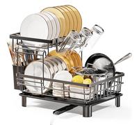 LIONONLY 2 Tier Dish Drainer Rack with Drip Tray, Detachable Dish drying Rack with Swivel Drainage Spout, Utensil & Cup Holder,Dish Rack for Kitchen Counter