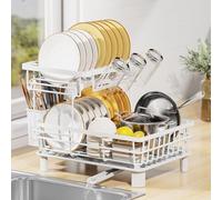 LIONONLY 2 Tier Dish Drainer Rack with Drip Tray, Detachable Dish drying Rack with Swivel Drainage Spout, Utensil & Cup Holder,Dish Rack for Kitchen Counter