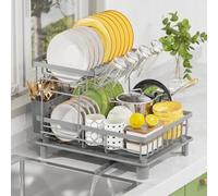 LIONONLY 2 Tier Dish Drainer Rack with Drip Tray, Detachable Large Dish drying Rack with Swivel Drainage Spout, Utensil & Cup Holder,Dish Rack for Kitchen Counter