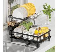 LIONONLY 2 Tier Dish Drainer Rack with Drip Tray, Detachable Large Dish drying Rack with Swivel Drainage Spout, Utensil & Cup Holder,Dish Rack for Kitchen Counter