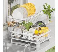 LIONONLY 2 Tier Dish Drainer Rack with Drip Tray, Detachable Large Dish drying Rack with Swivel Drainage Spout, Utensil & Cup Holder,Dish Rack for Kitchen Counter