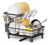 LIONONLY Large Dish Drying Rack with Drainboard, 2 Tier Stainless Steel Drying Racks for Kitchen Counter,Detachable Dish Drainer Organizer Shelf with Utensil Holder Set (Black)