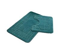 Lions 2 Piece Non Slip Striped Bath Mat & Pedestal Set - Greek Key Pattern Bathroom Toilet Rugs, Microfibre Mats, Super Soft Bathmat (Teal)