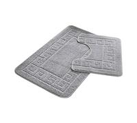 Lions 2 Piece Non Slip Striped Bath Mat & Pedestal Set - Greek Key Pattern Bathroom Toilet Rugs, Microfibre Mats, Super Soft Bathmat (Silver, Normal)