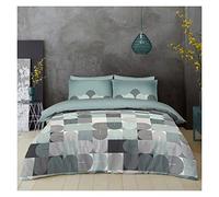 Lions 3 Piece Bedding Set with Fitted Sheet - Single Duvet Cover Sets + Matching Pillowcases, Reversible Geometric Quilt Covers, Soft Poly Cotton Printed Shapes Bed Linen, Sage Green