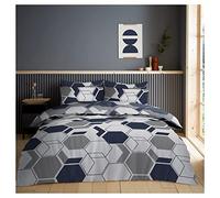 Lions 3 Piece Geometric Complete Bedding Set - Reversible Quilt Covers, 1x Single Duvet Cover 1x Fitted Bed Sheet 1x Matching Pillowcase, Poly cotton Soft Shapes Bed Sets, Navy Grey