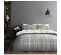 Lions 4 Piece Checked Bedding - Double Duvet Cover Set with 1x Fitted Sheet and Matching 2x Pillowcase, Soft Poly Cotton Grey Silver Bed Linen, Reversible Quilt Covers Sets