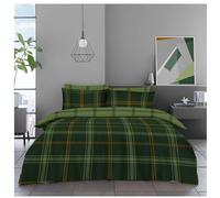 Lions 4 Piece Checked Bedding - Double Duvet Cover Set with 1x Fitted Sheet and Matching 2x Pillowcase, Soft Poly Cotton Check Green Bed Linen, Reversible Quilt Covers Sets